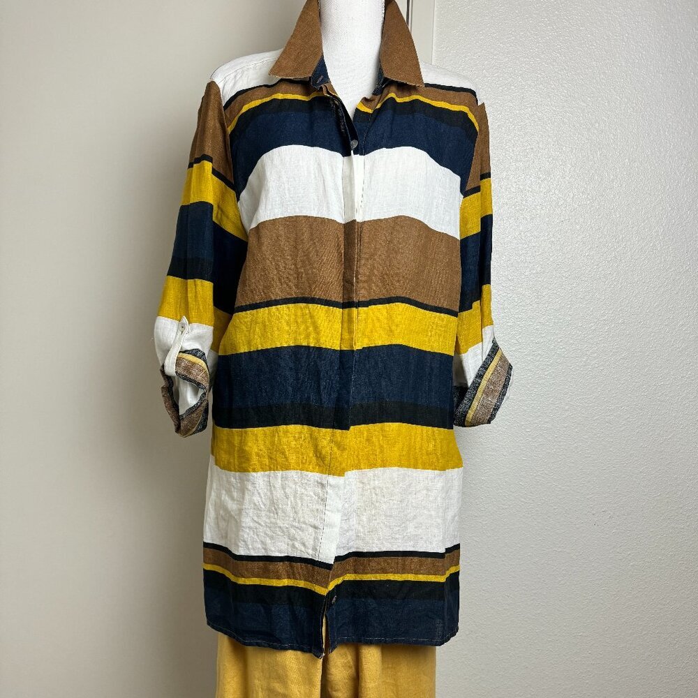 Chico's Brown Multicolor 100% Linen Colorblock Button Up Shirt Size 3 / XL
